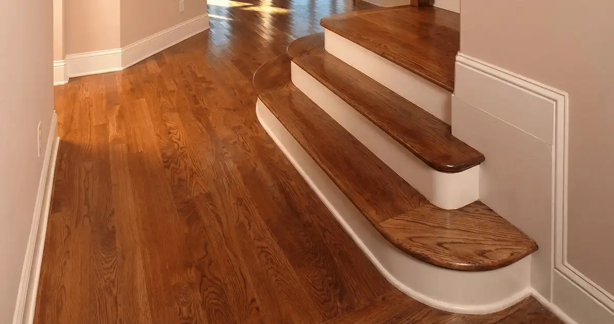 Base floor of a staircase with professionally restored wood flooring in Boise ID