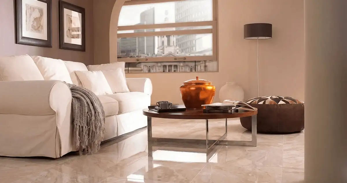 Modern living room with professionally installed marble flooring, a beige sofa, coffee table in Boise, ID