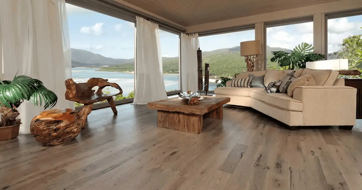 Professionally installed vinyl flooring in a modern living room with large windows in Boise, ID